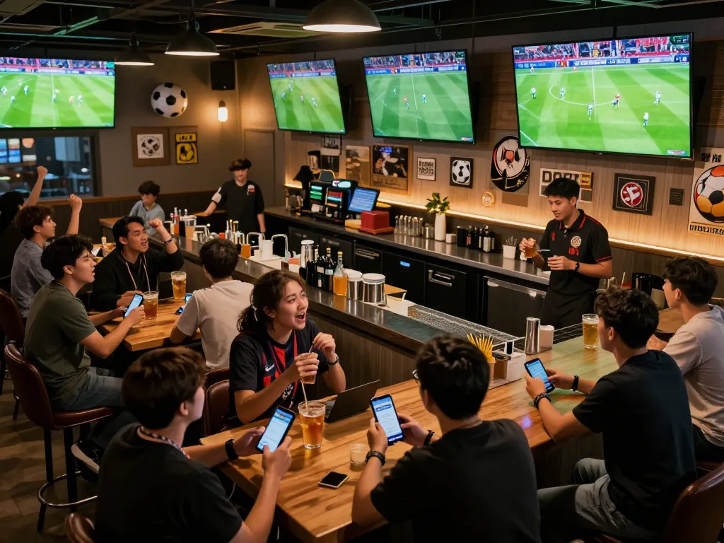 Cakhia fans cheering while using mobile devices for live betting during soccer matches.