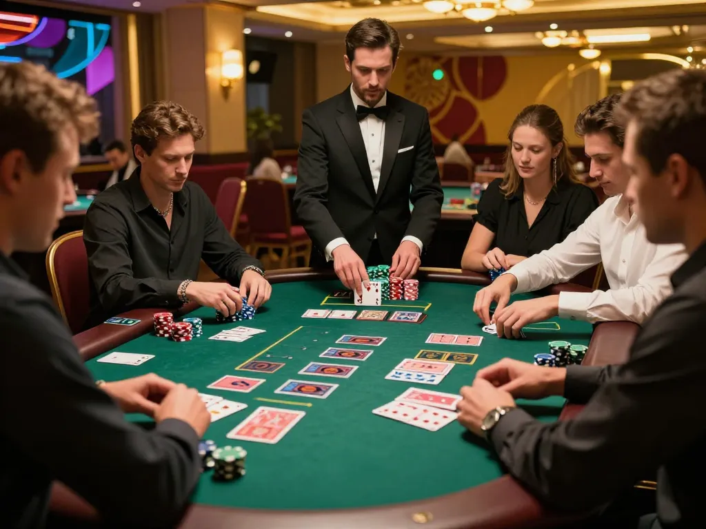 8xbet players placing bets at a dynamic blackjack table in a vibrant casino setting