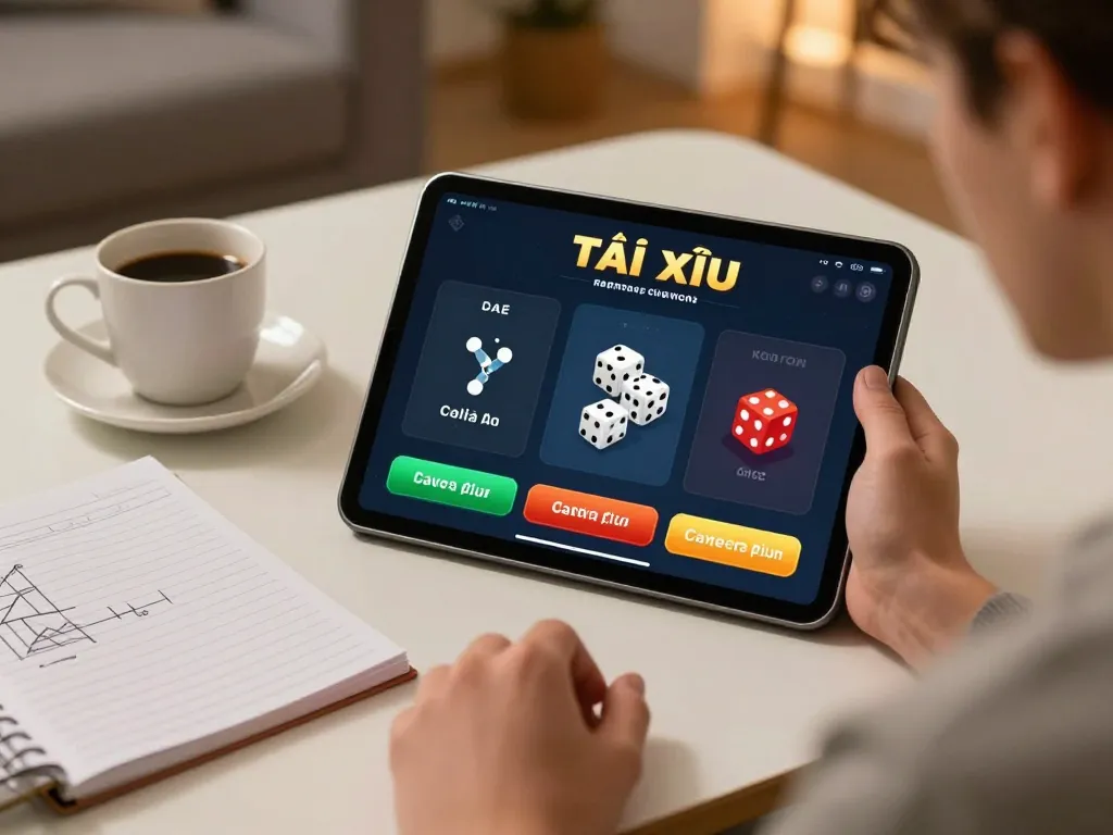 Tài xỉu online gaming session with a user planning strategies on a tablet in a cozy home setting.