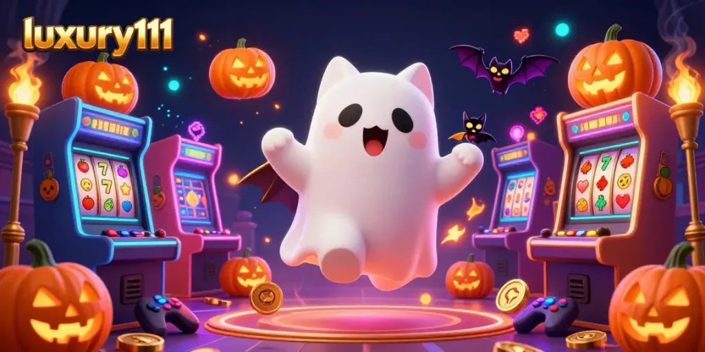 Join the excitement in luxury111's vibrant casino scene with a playful ghost cat and vampire bat companion.