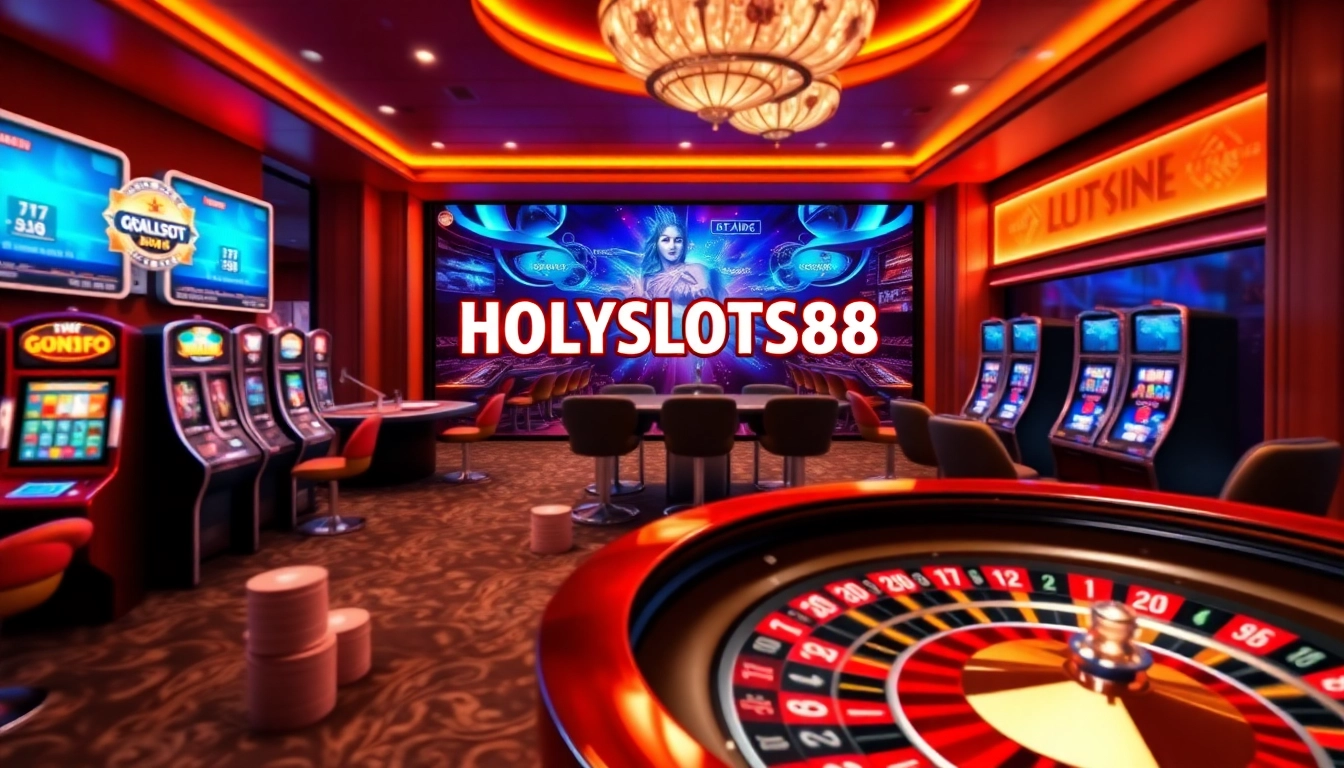 Experience the excitement of HOLYSLOTS88 online gaming with vibrant slot machines and casino tables.