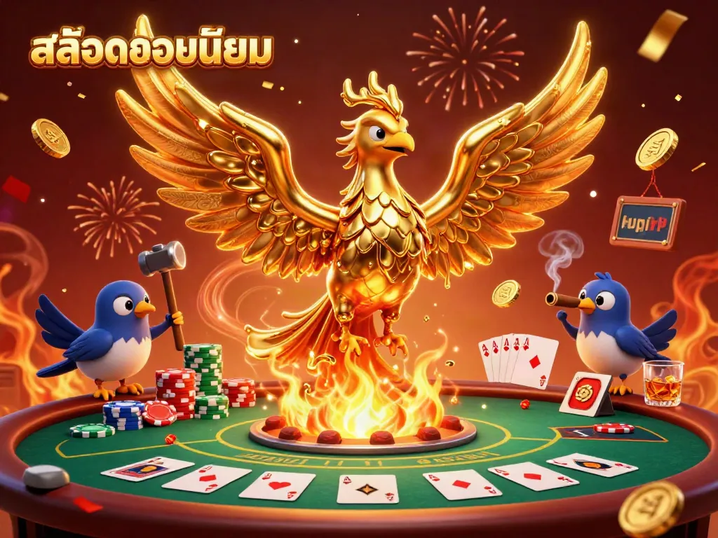 Experience exhilarating gaming with สล็อตยอดนิยม featuring golden phoenix and poker elements in this vibrant 3D illustration.