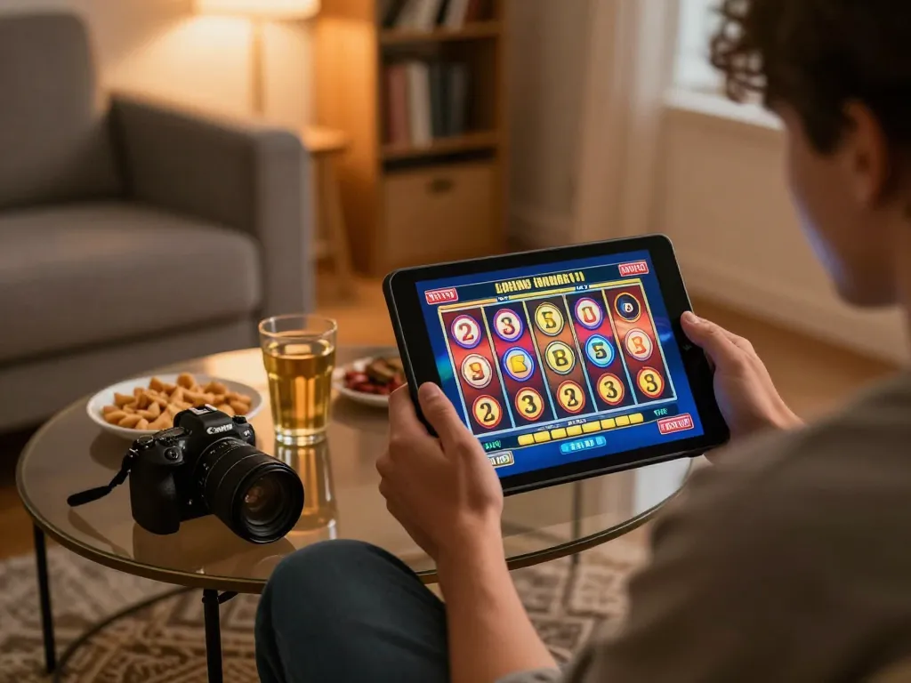 Engaged player experiencing slot online excitement on tablet in cozy home setting.