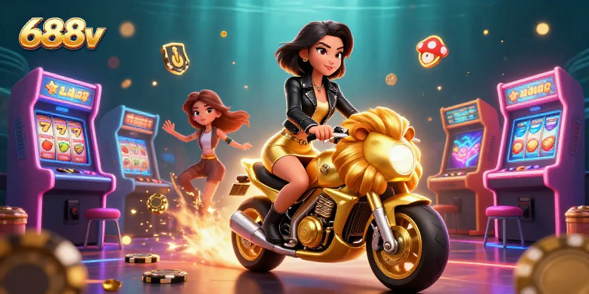 Experience the thrill of 688v with a dynamic casino-themed 3D illustration of an Asian woman and golden lion mascot.