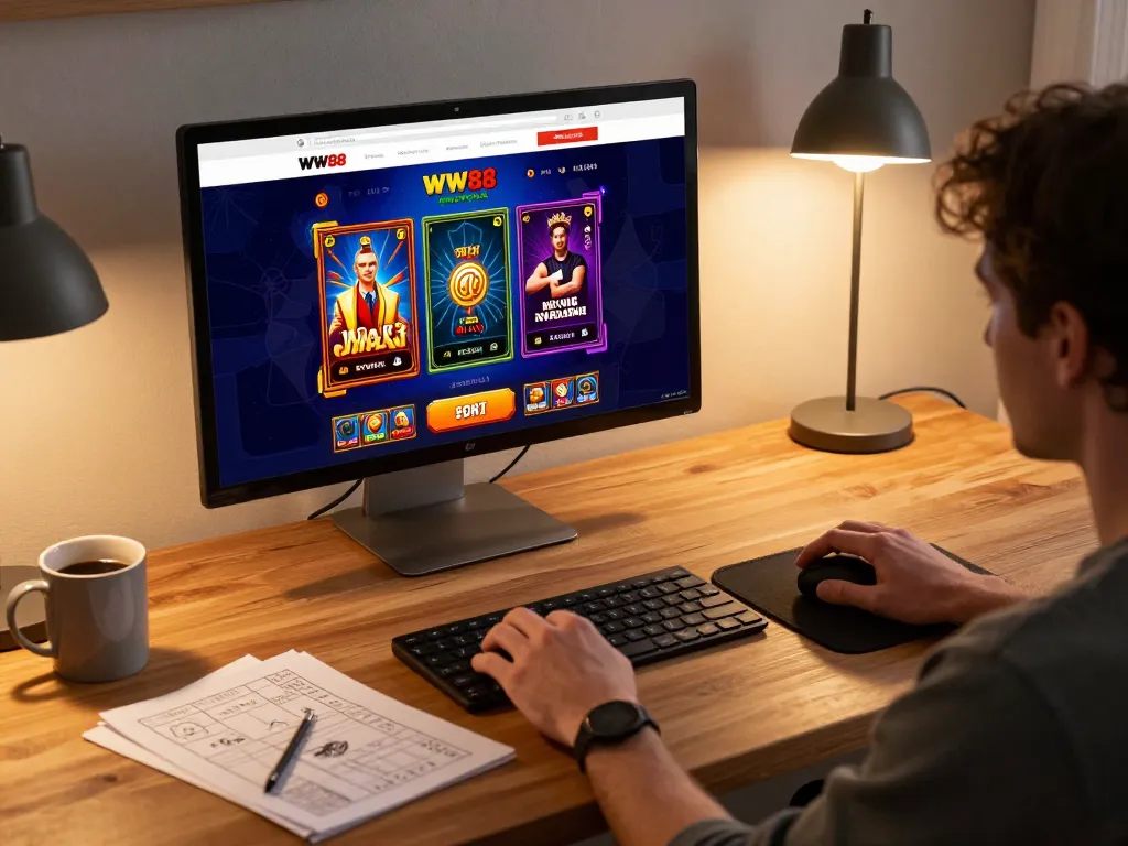 Player engaging with WW88 online casino interface on tablet, creating a cozy gaming atmosphere.