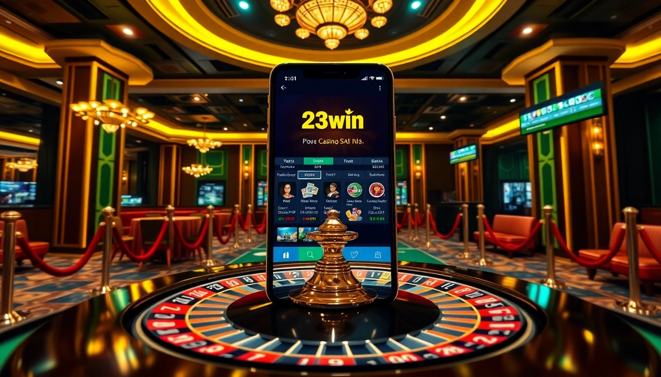 Experience the thrill of the 23win app with vibrant casino elements like roulette and poker chips.