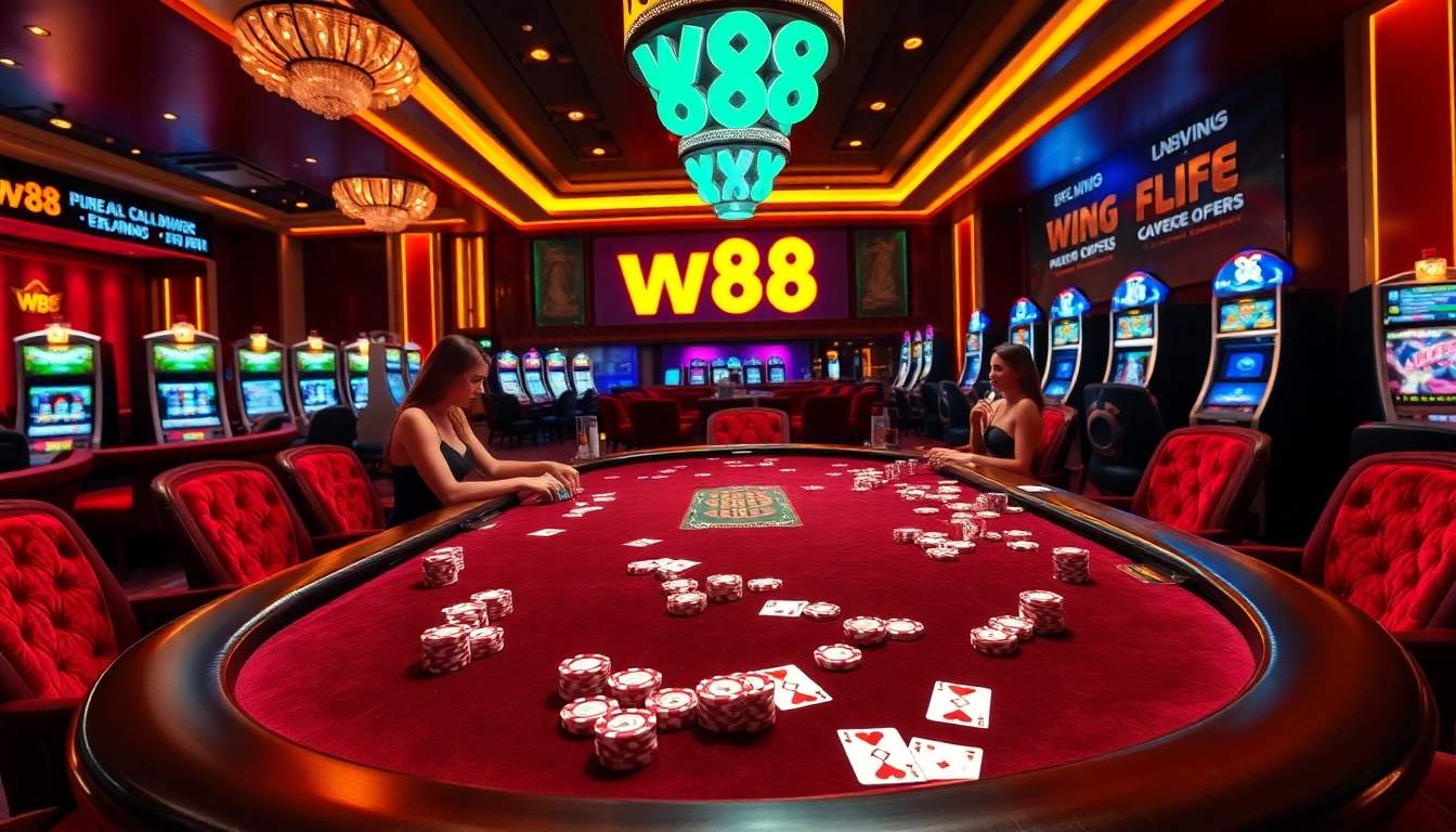 W88 poker action with vibrant atmosphere, casino tables, and dealers, excitement in gambling.