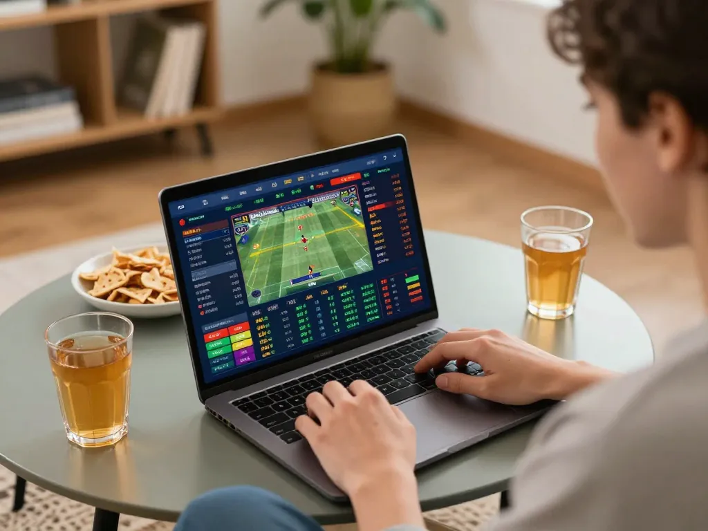 F8BET user engaged in thrilling online sports betting with active game interface displayed on laptop