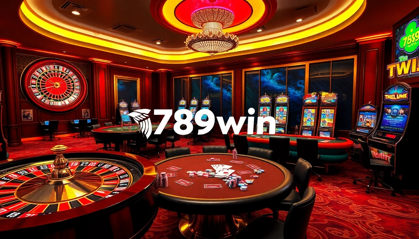 Experience the excitement of 789win with vibrant casino tables, poker chips, and charming slot machines.