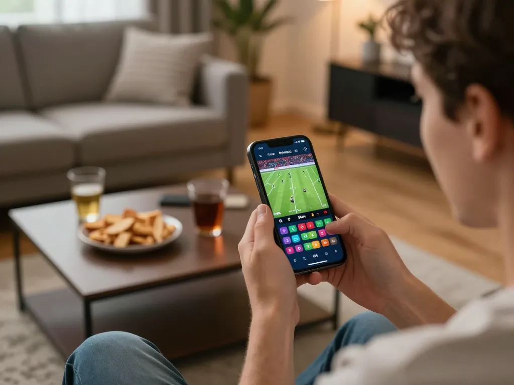 Xoilac user engaging with live sports betting on smartphone in cozy home setting