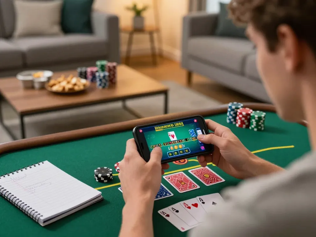 Experience ok8386 online blackjack gameplay on a smartphone in a cozy home setting