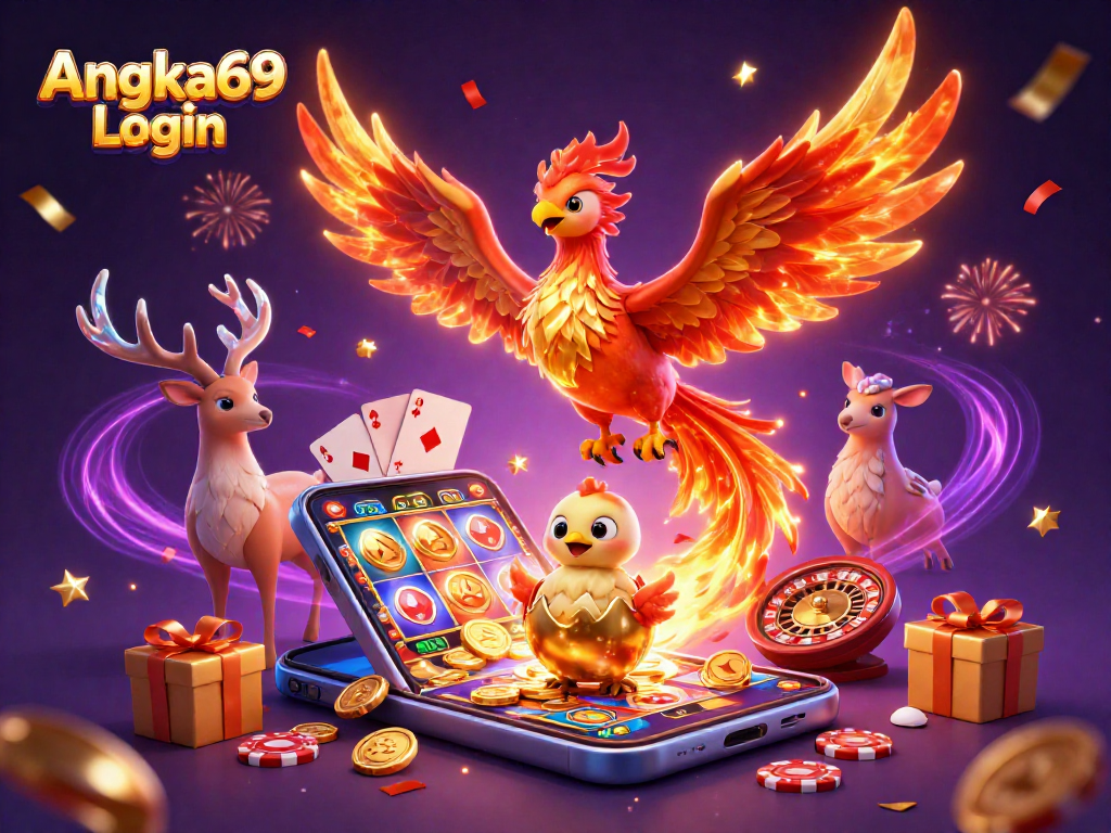Experience Angka69 Login with vibrant 3D illustration featuring exciting slot game elements.