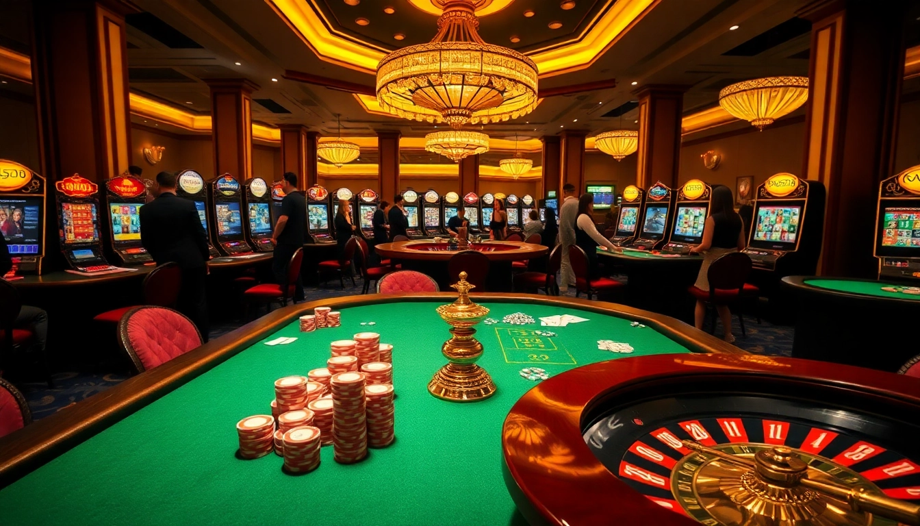 Experience the thrill of win678 with gamblers placing bets at stylish casino tables and slots.