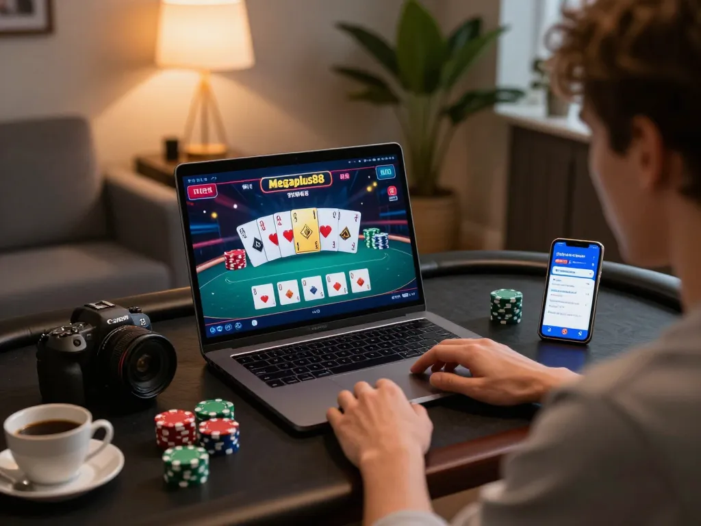 Engaged user playing poker on megaplus88 platform during an online gaming session at home.