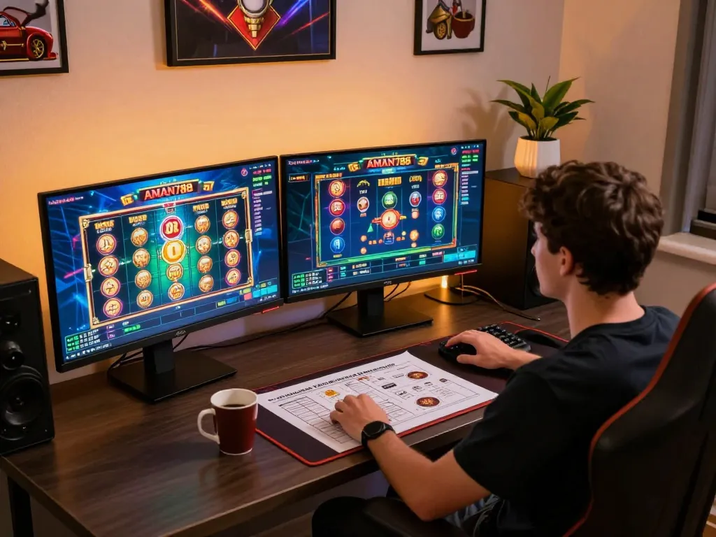 Pemain yang terlibat menikmati slot online AMAN788 di dua monitor dalam pengaturan permainan rumahan yang nyaman.