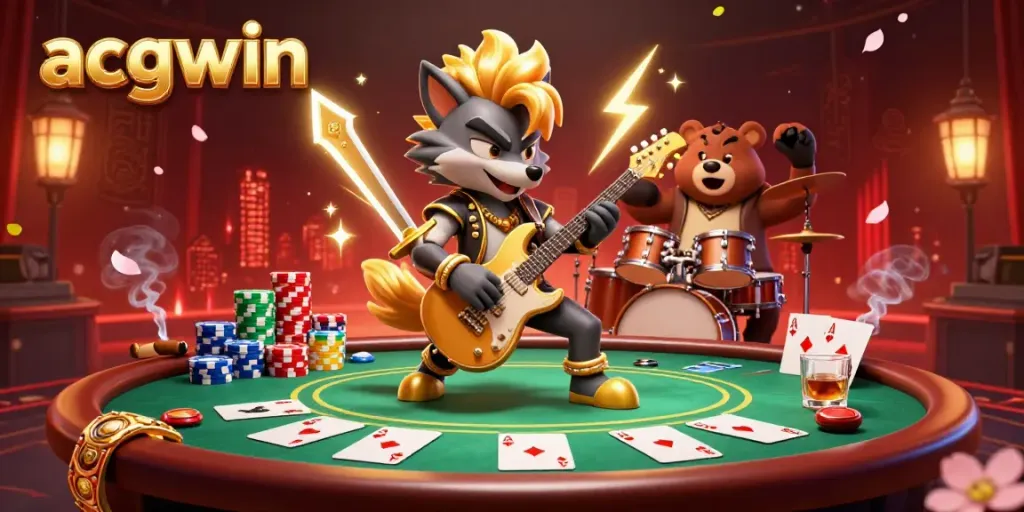 Permainan poker menang di kasino ACGWIN dengan wolf rockstar dan beruang drummer menampilkan banyak chip dan kartu.