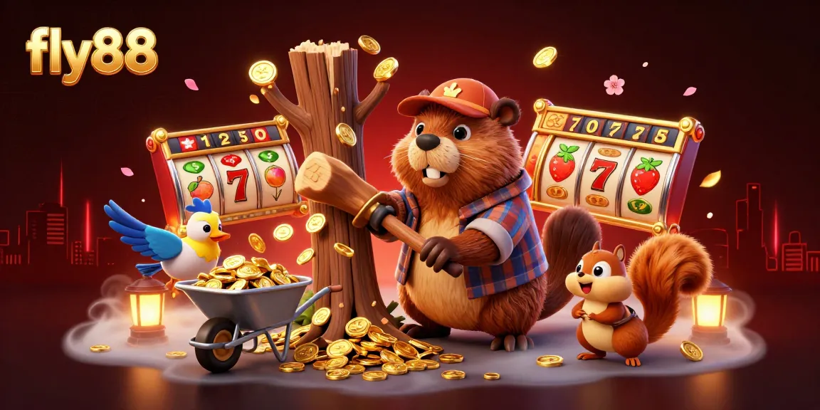 Spin the reels with fly88 as a cartoon lumberjack collects golden coins raining from a jackpot tree.