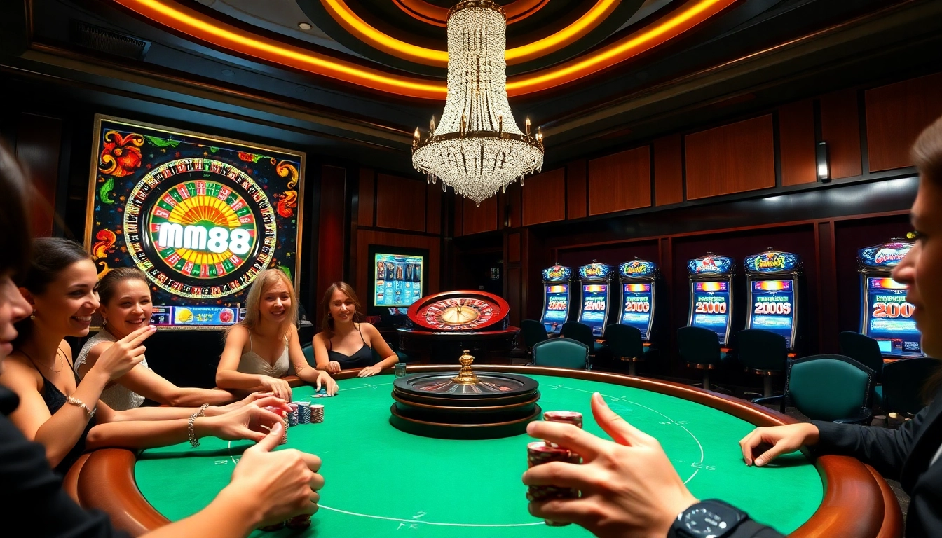 Engaged players strategizing around an MM88 poker table in a luxurious casino setting.
