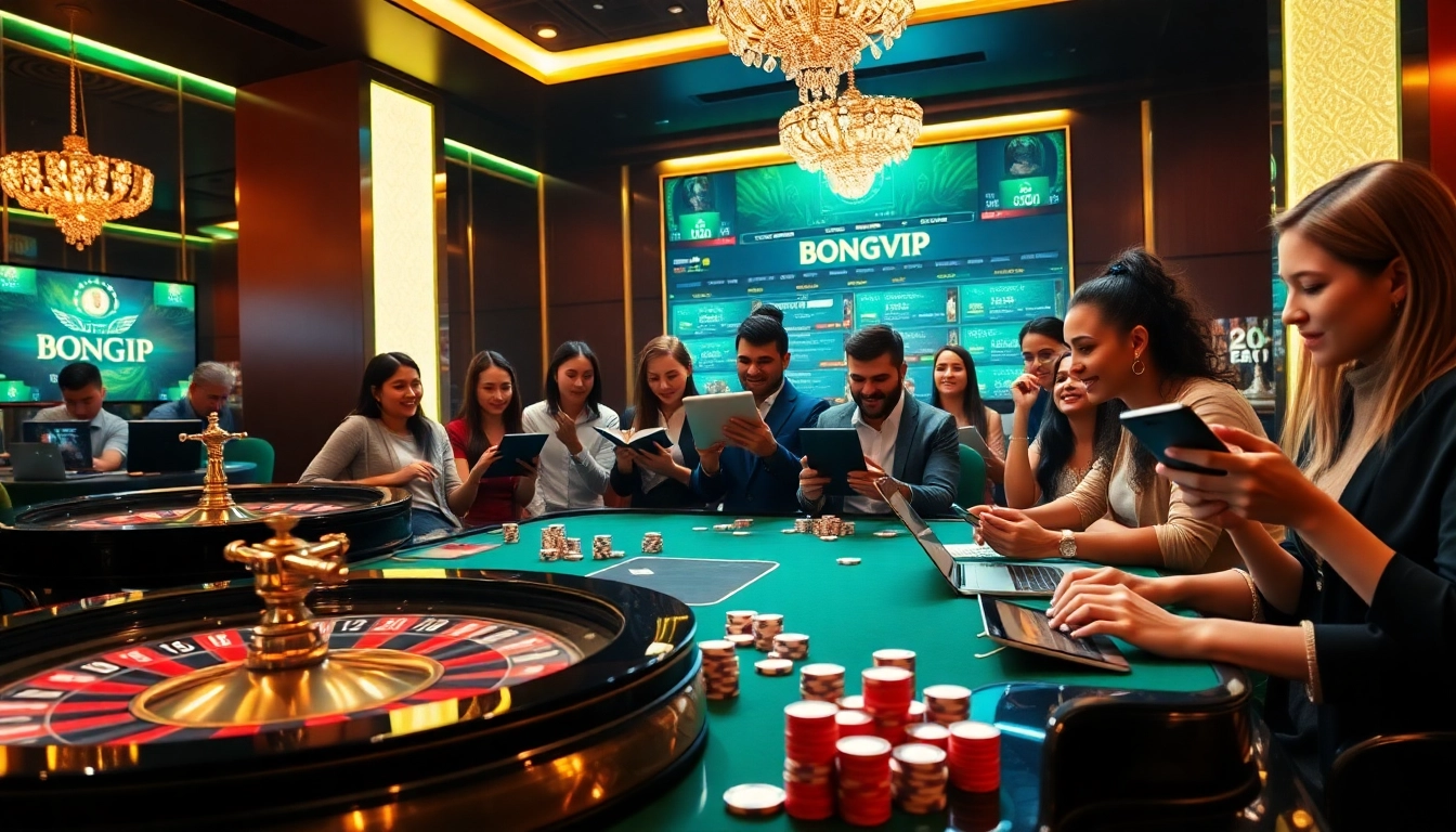 Players engaging in betting excitement at Bongvip online casino with vibrant atmosphere.