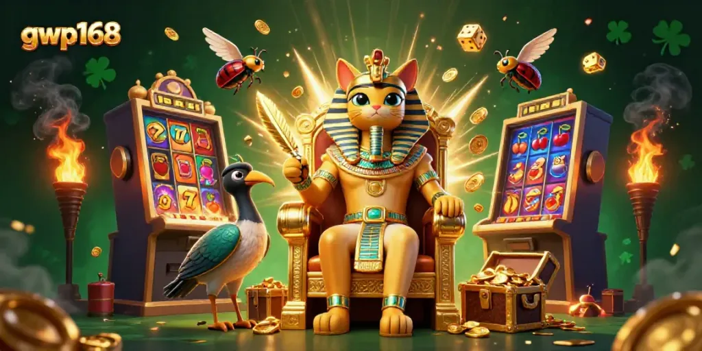 GWP168 menampilkan kucing pharaoh 3D dengan slot mesin besar dan koin yang meledak.