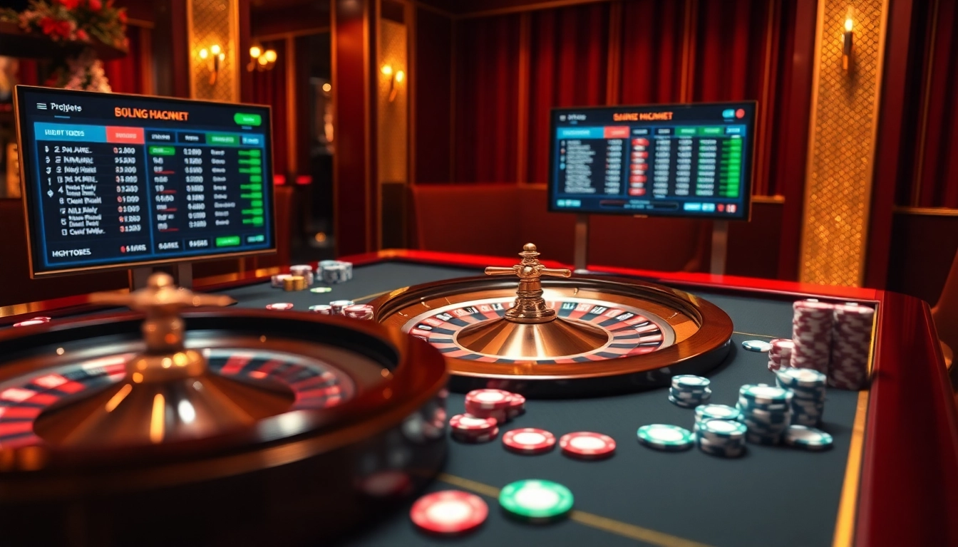 Excited players engaging at a sbobet link alternatif online casino table filled with vibrant gambling elements.