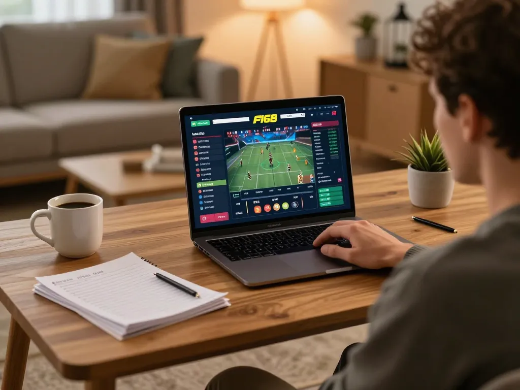 Player betting on F168’s online casino, home setup showcasing strategic gaming atmosphere.
