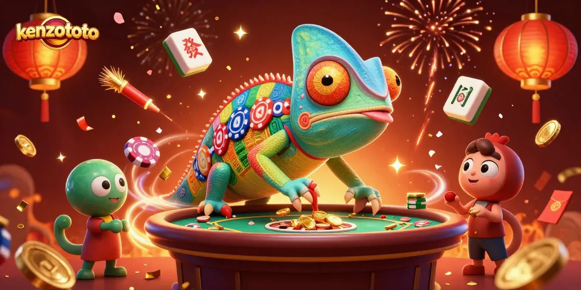 Kenzototo chameleon casino owner catching golden coins amidst vibrant gambling elements.