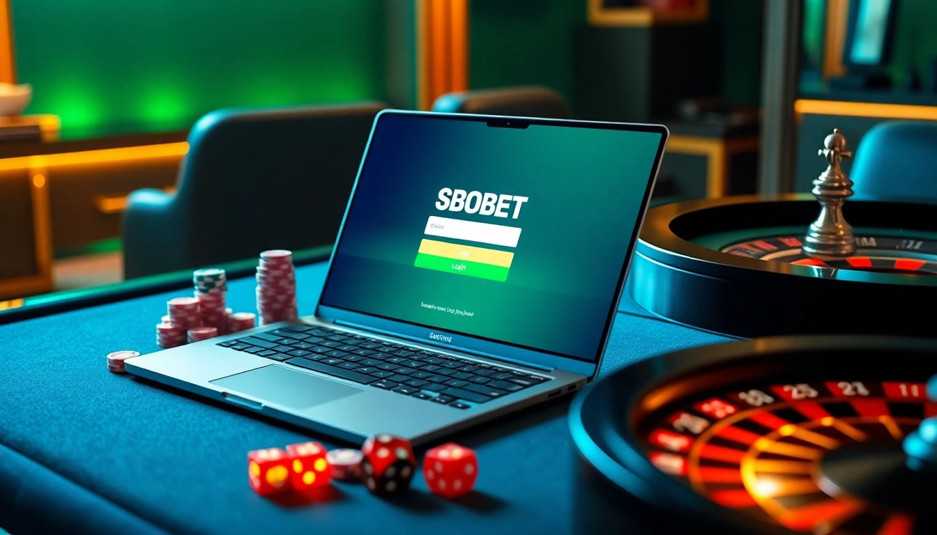 SBOBET login interface on a luxury gambling table with poker chips and roulette.