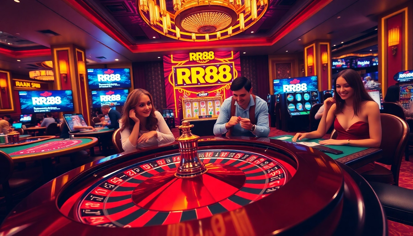 Players winning big at RR88's luxurious casino with poker chips and roulette wheel.