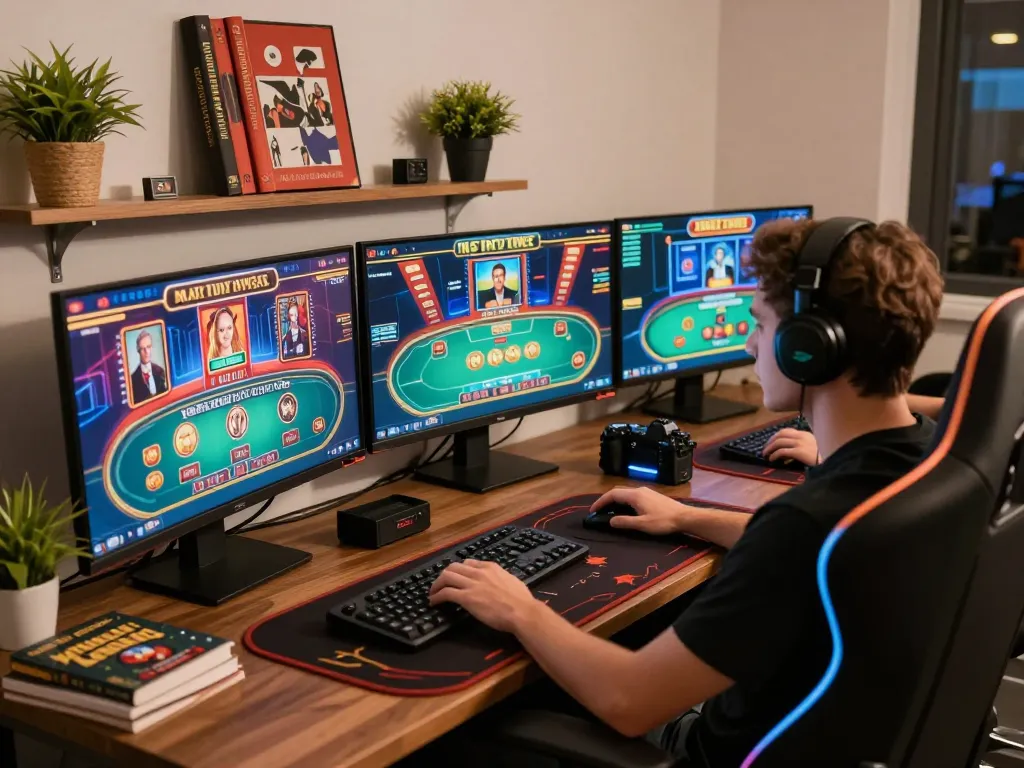 Player immerses in online gambling experience with 789F, showcasing multiple casino games on screens.