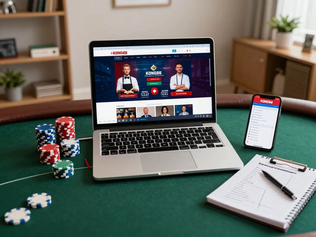 KONG88 interactive online gaming setup shows live casino action, strategic notes, and chips