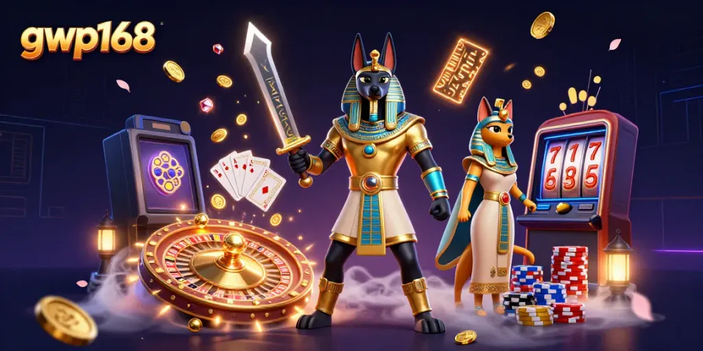 Gambarkan momen menang besar di gwp168 dengan karakter Anubis dan Bastet, koin berkilauan di latar belakang.
