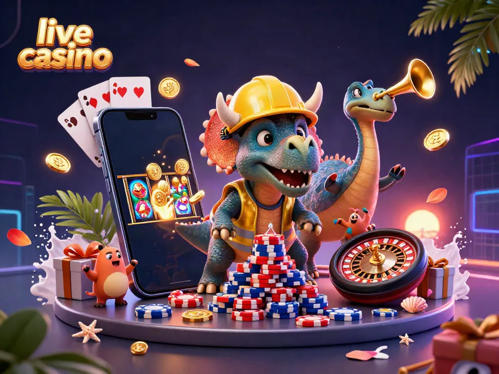 Keberuntungan dalam permainan live casino ditampilkan dengan dinosaurus merayakan kemenangan bersama.