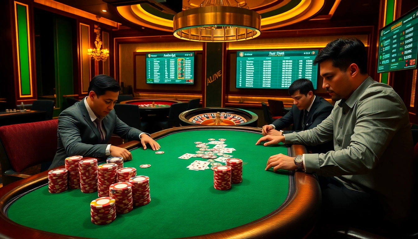 Experience high-stakes poker action with players at a table showcasing https://f8bet.me.uk/ in vibrant casino settings.