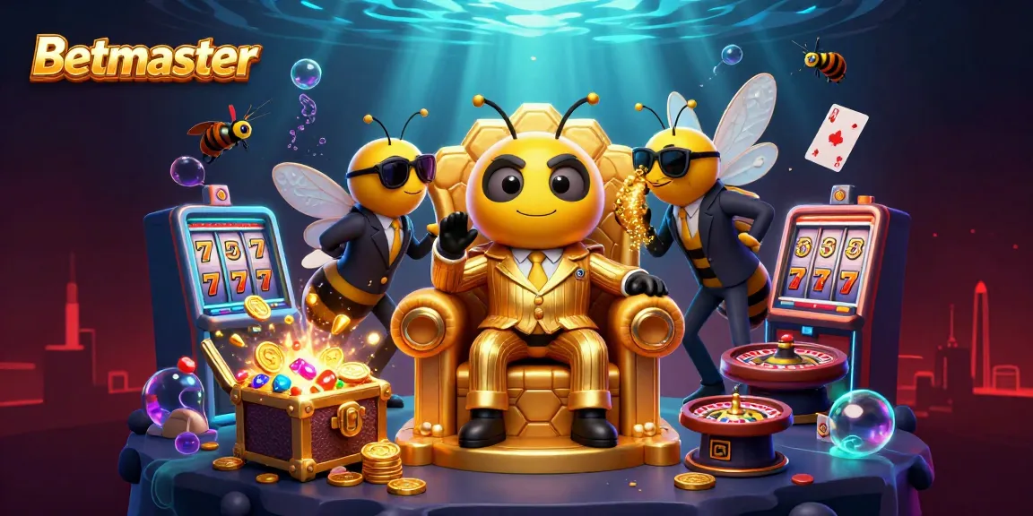 Engage in thrilling bets with Betmaster, featuring dynamic slots and casino elements in an immersive scene.
