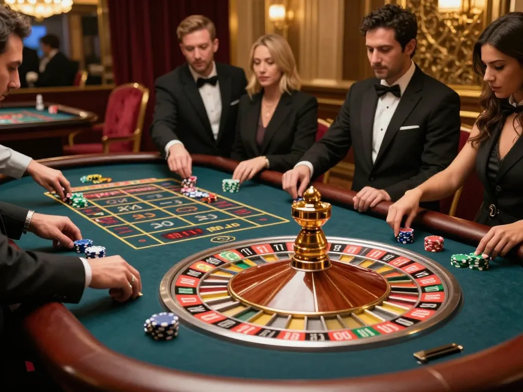 Engaging scene of active roulette gameplay at https://goal123.ac/, showcasing players placing bets in a luxurious casino atmosphere.