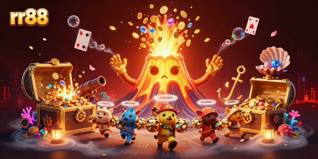 Experience rr88 as a vibrant 3D scene where treasure erupts from a jubilant volcano amidst dazzling casino elements.