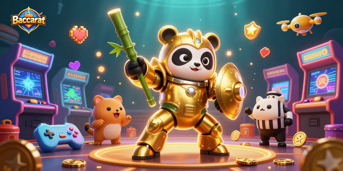 Baccarat gaming scene showcasing a mech-suit panda in a vibrant casino arena filled with colorful arcade elements.