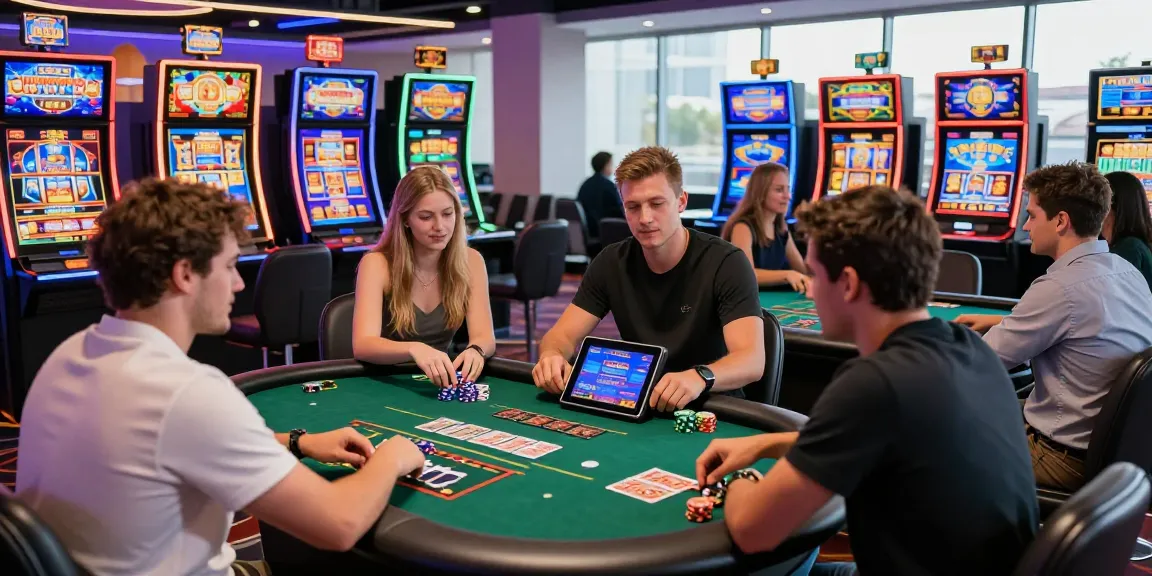 Exciting atmosphere at credit card casinos with players engaged at live dealer tables and colorful slots.