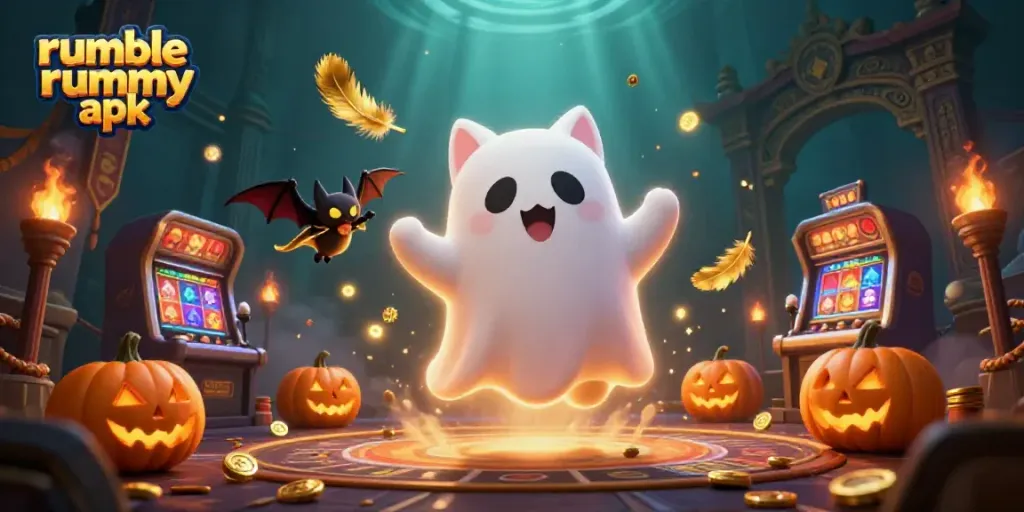 Experience the excitement of the rumble rummy apk with a ghost cat and bat in a colorful casino.