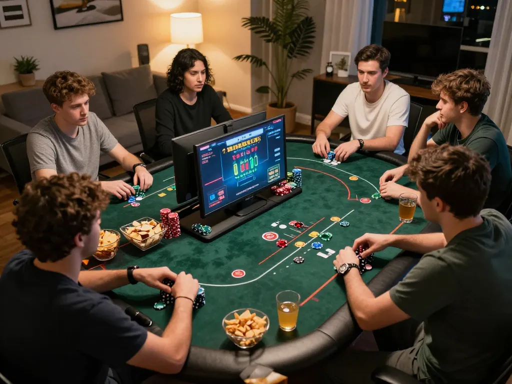Engaged players at home enjoying online poker on https://tg88.cash/ with focused expressions and snacks.
