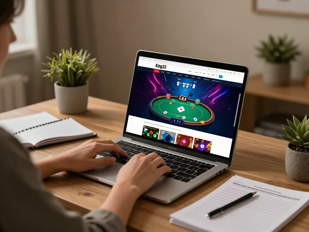 Person engaging with king33 online casino gaming on a laptop, showcasing a vibrant poker interface and cozy atmosphere