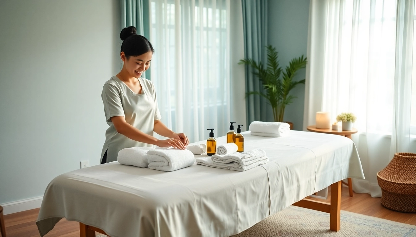 Relaxing setting for 수원출장마사지 with a young therapist preparing for a soothing home massage.