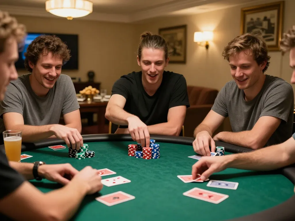 friends enjoying a friendly poker game night at home, showcasing strategies with cards and chips, go8 experience