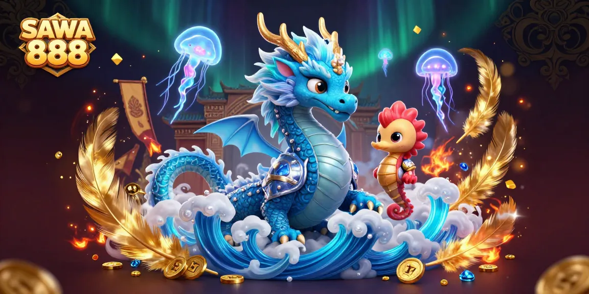 Engage in winnings with SAWA 888 showcasing a vibrant 3D dragon, seahorse knight, and dazzling casino elements.