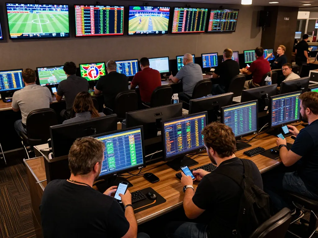 Tỷ lệ kèo nhà cái displayed on multiple screens in a vibrant sportsbook filled with enthusiastic bettors.