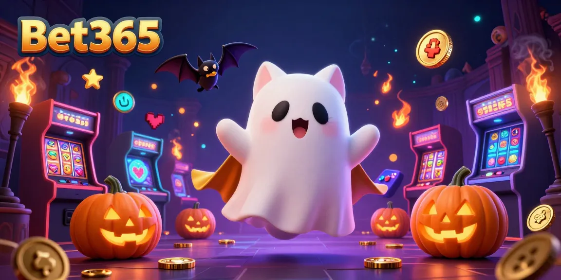 Experience thrilling gaming action with Bet365's vibrant casino scene featuring a ghost cat and vampire bat.