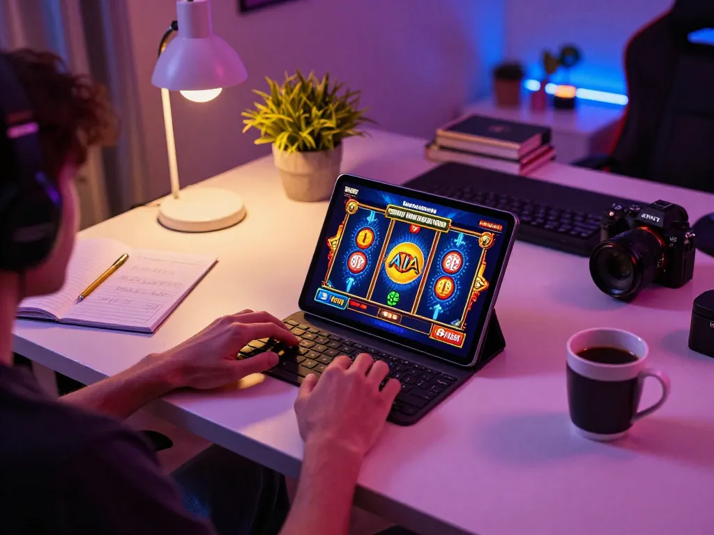 Pemain menikmati permainan slot yang menarik di tablet 88Pulsa dengan catatan strategi di dekatnya