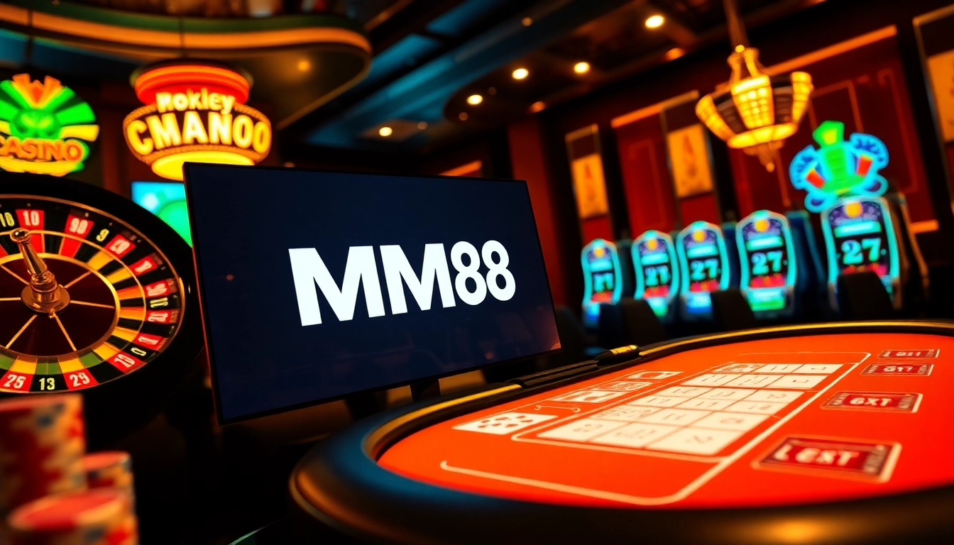 Engaging casino interface with MM88 logo, showcasing roulette and poker chips in action.