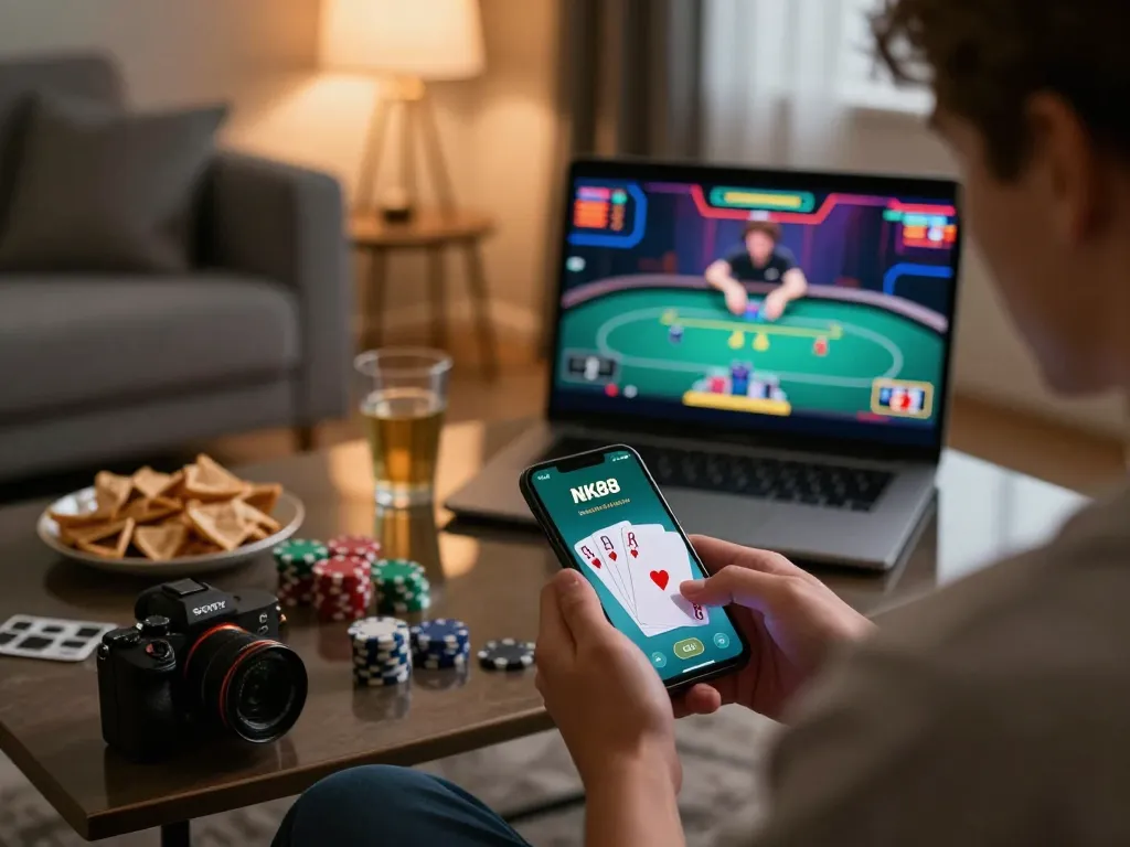 Player engaging with nk88 app showing virtual poker game, cozy home setting with warm lighting